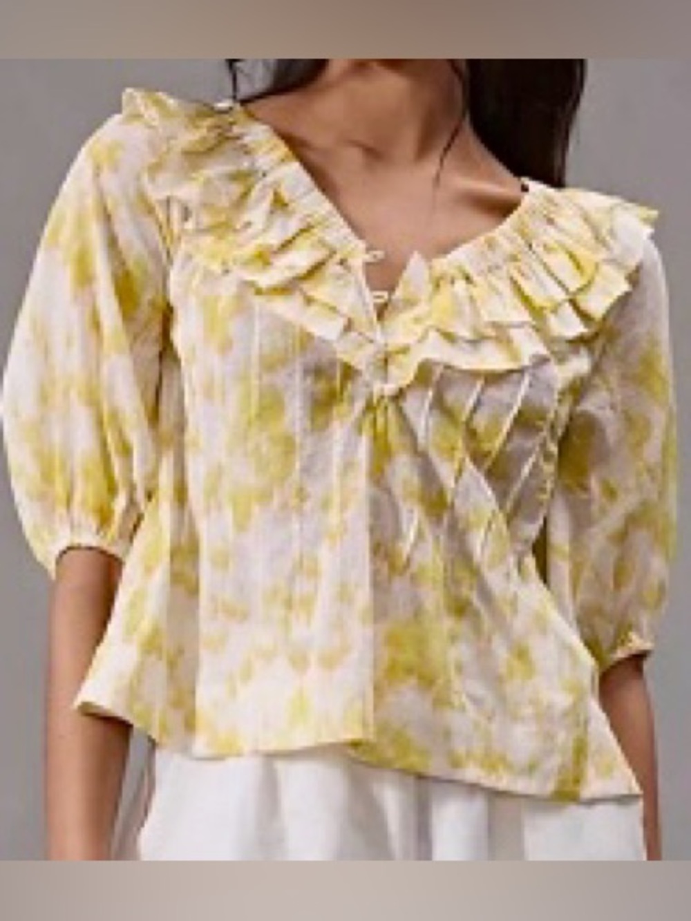 Anthropologie Yellow and White Ruffled V-Neck Blouse